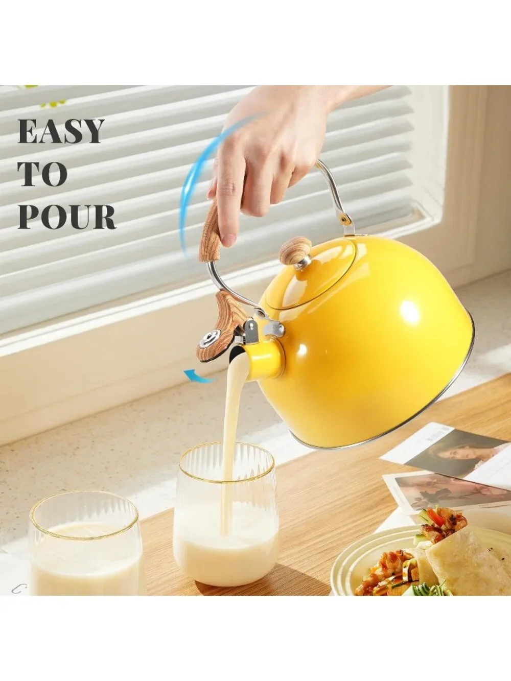 GGC Yellow Stainless Steel Kettles 2.6QT Whistling Stove Top Folding Wood Handle